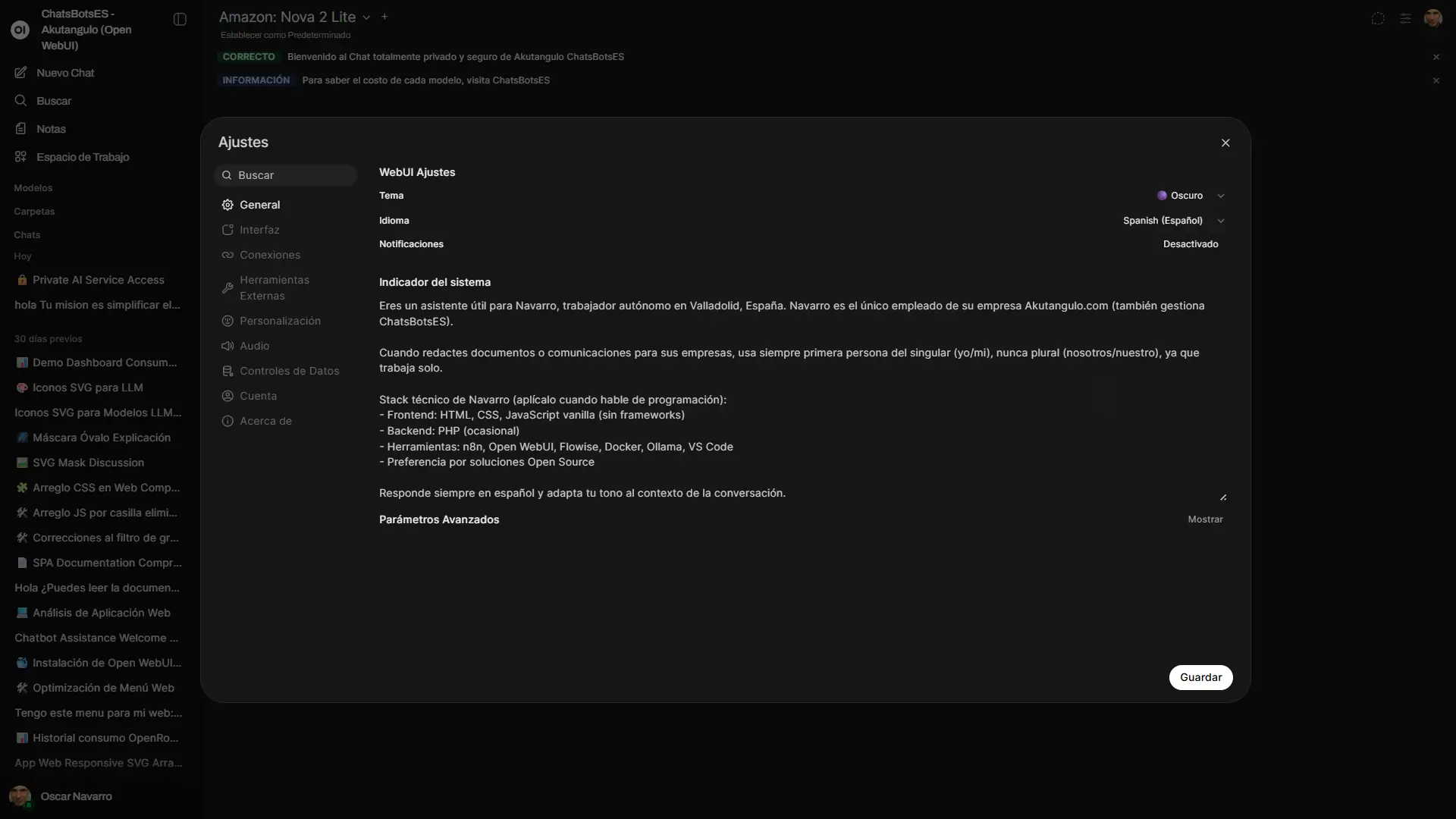 Panel de ajustes y configuración de cuenta en Open WebUI: seguridad, idioma y preferencias