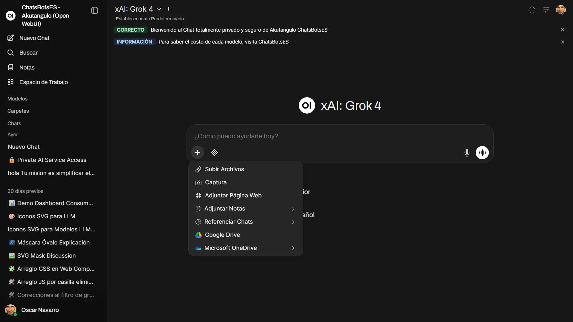 Panel de subida de archivos PDF y Excel en Open WebUI para análisis con IA